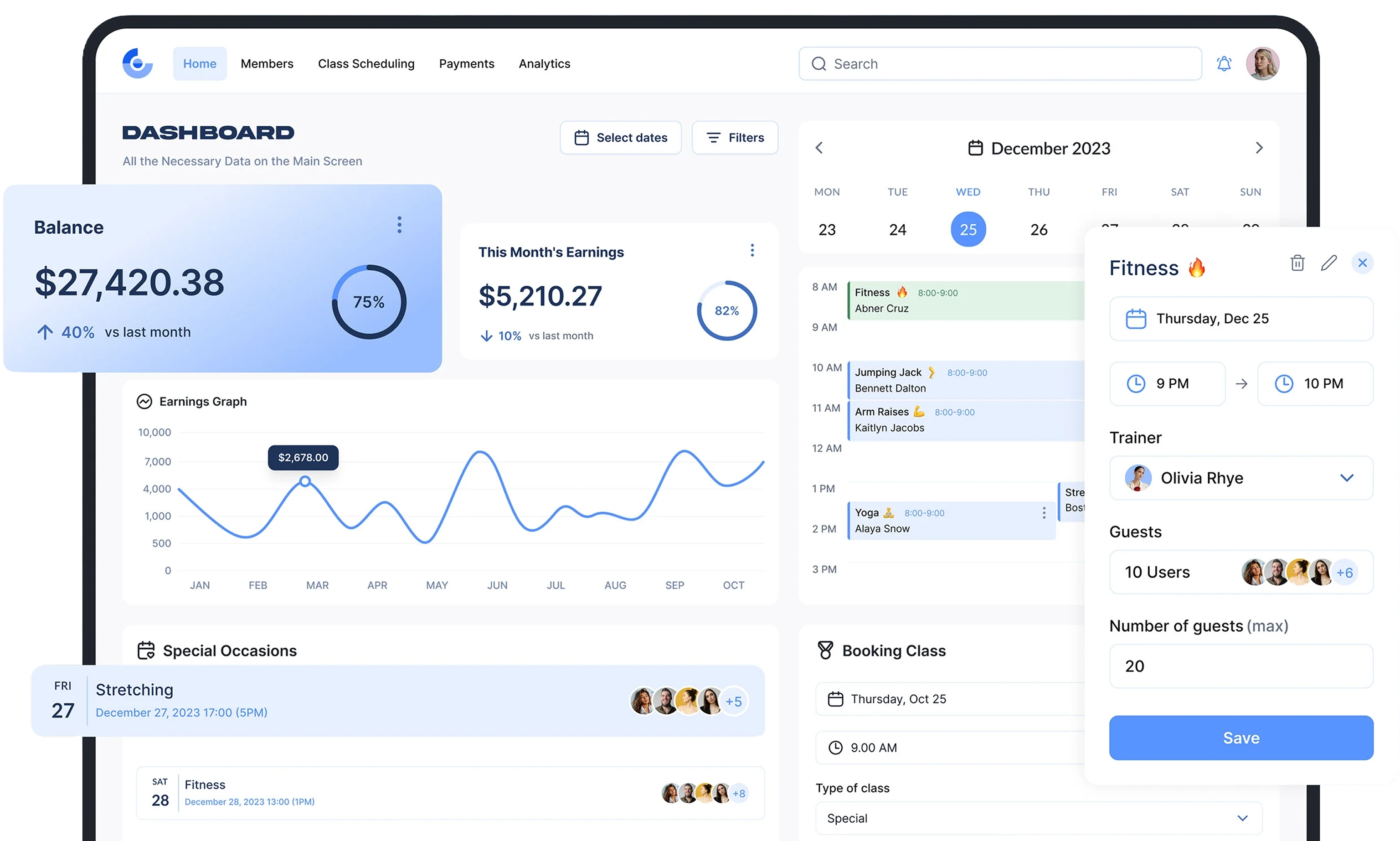 Gymble dashboard showing class schedule, bookings and member management